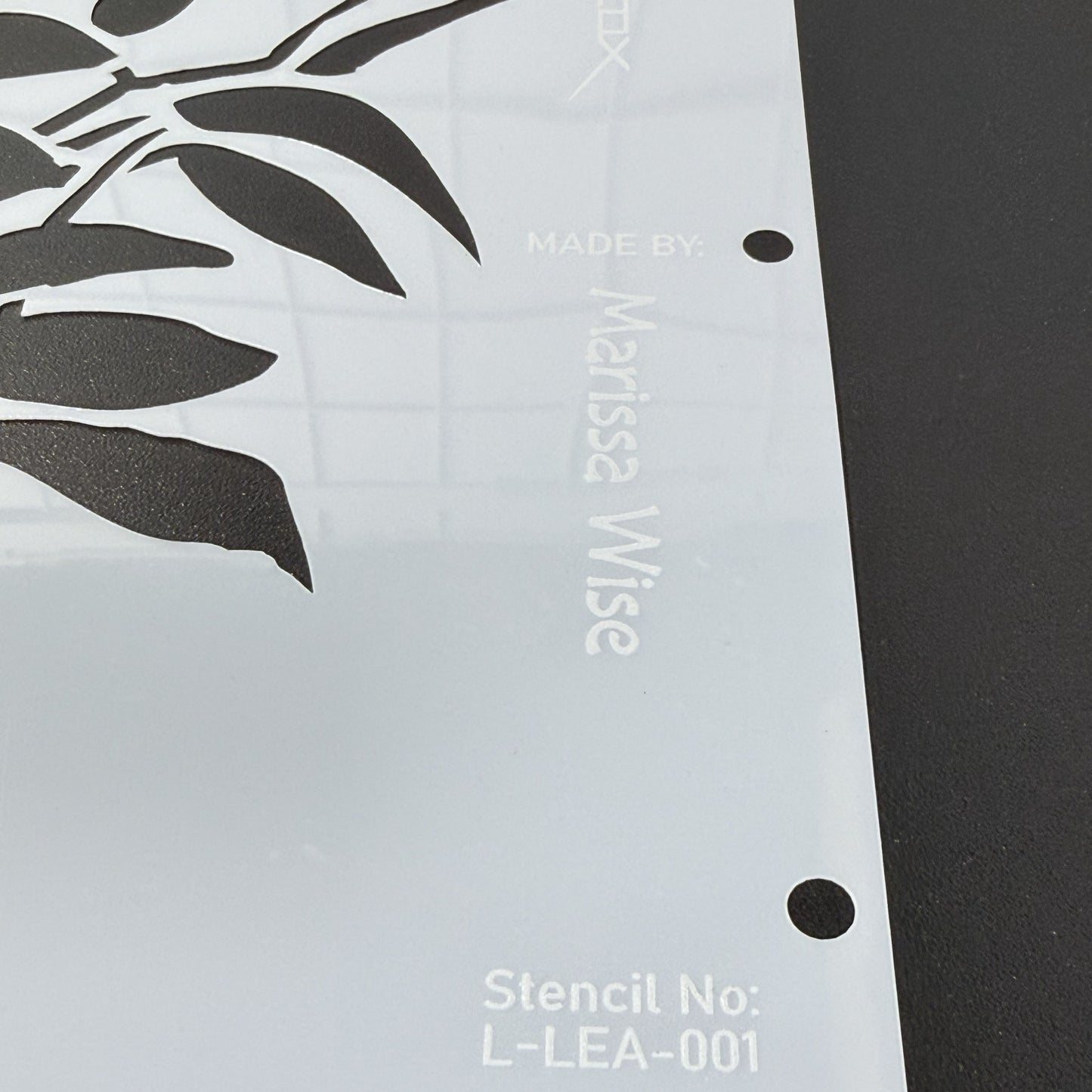 Clear stencil with leaf design on a black surface