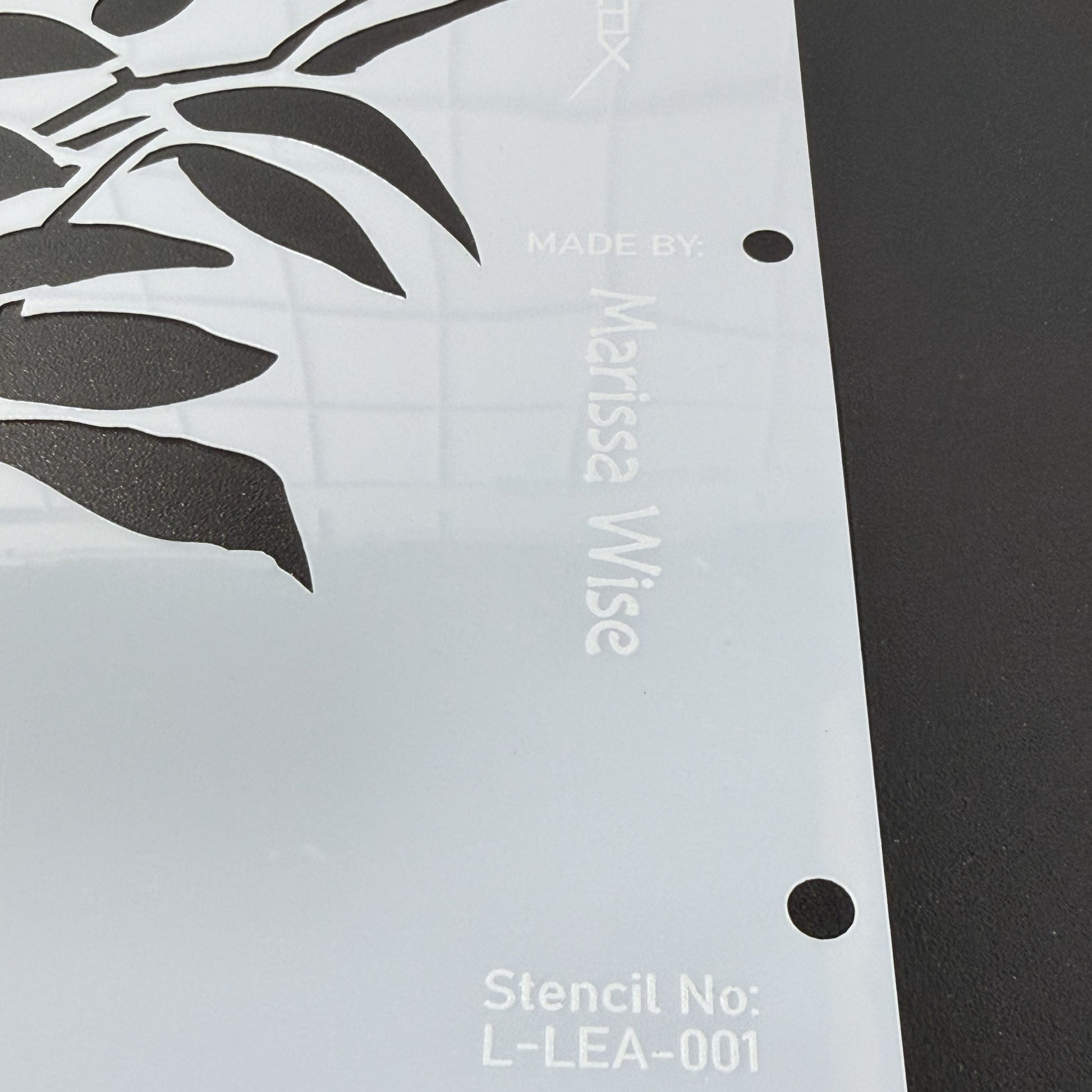 Clear stencil with leaf design on a black surface